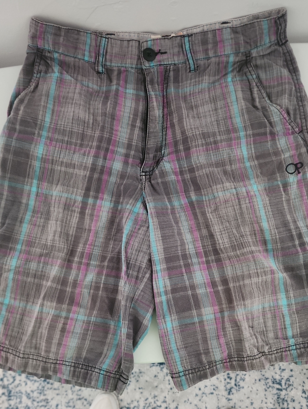 OP Men’s Gray Plaid Shorts with Teal & Purple Stripes Size 32